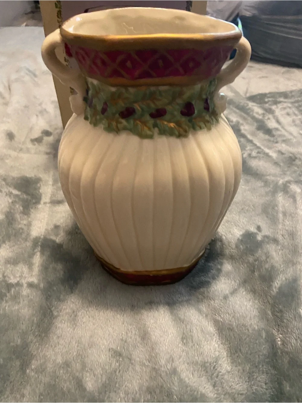Porcelain Holiday Vase with Gold-Trim Red Ribbon Accent
